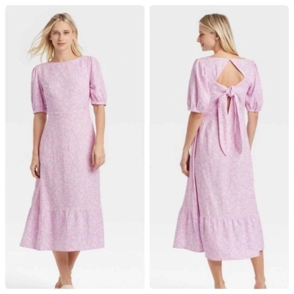 NWT Who What Wear Floral Linen Blend Orchid Tie Back Dress with Pockets Size L - Picture 1 of 9